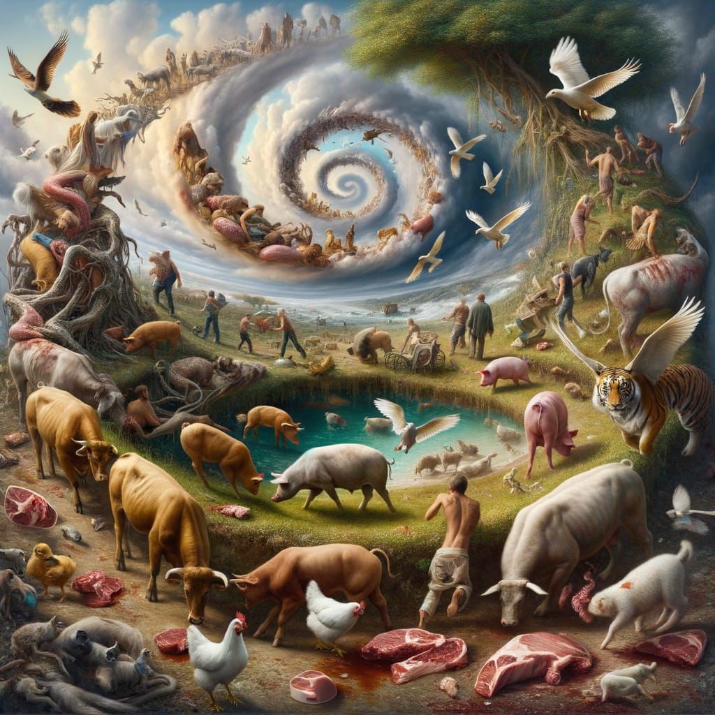 Surreal Scene of Humans Hunting Livestock in a Heavenly Land...