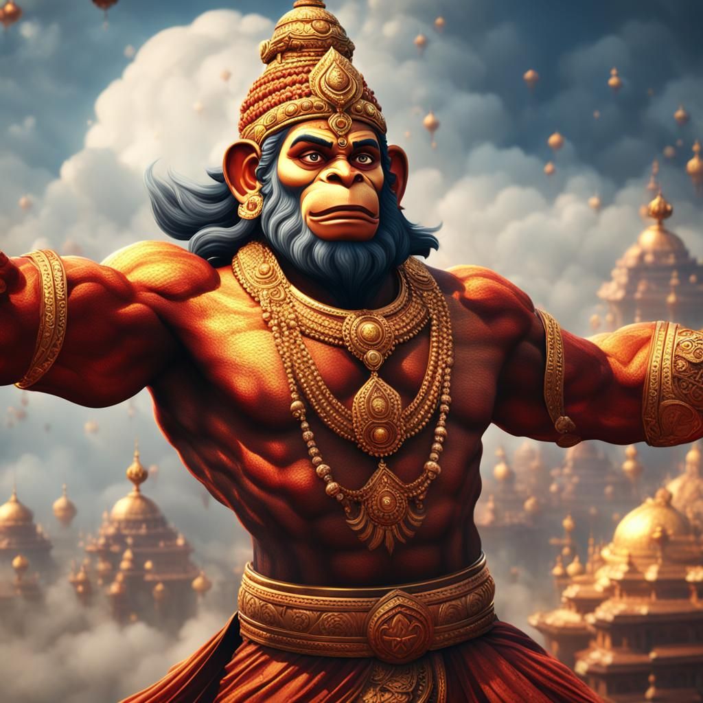 Hanuman Flies Through the Sky in Indian Art Style