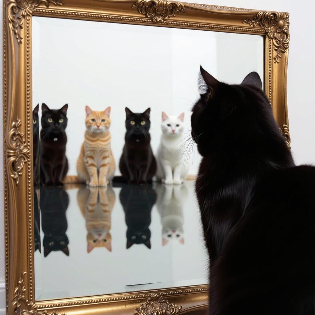 Cat's Nine Lives Reflected in a Mirror