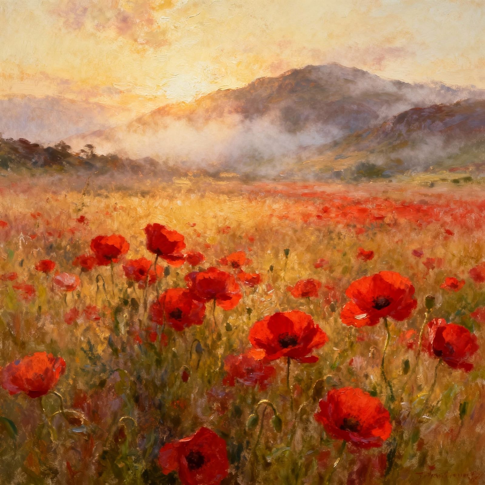 Vibrant Poppy Field Before Misty Scottish Highlands