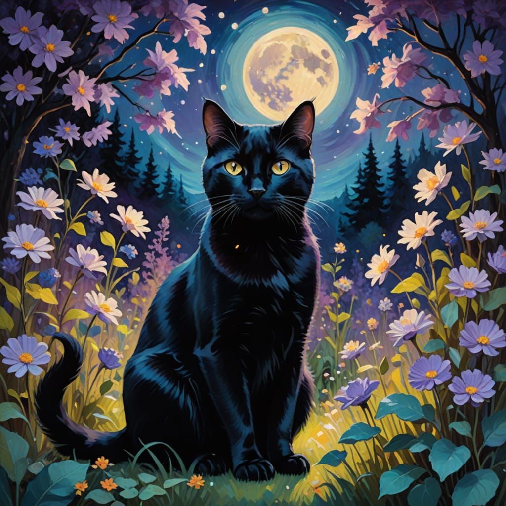 Black Cat and Kittens in Moonlit Garden