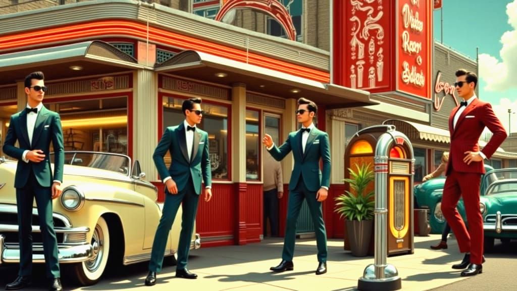 1950s Scene with Fashionable Men in CyberNoir Style
