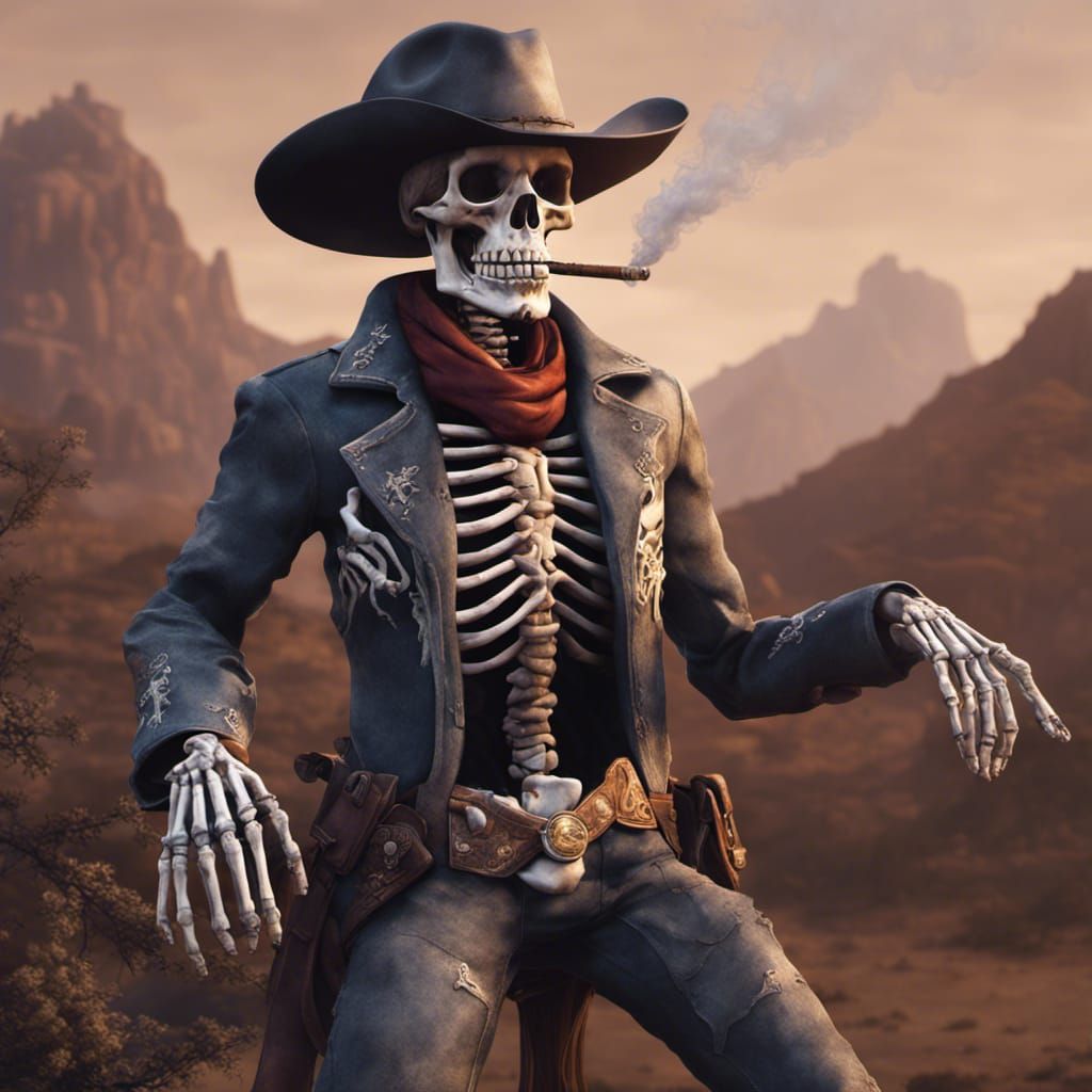 Skeleton Cowboy Smoking: Detailed Matte Painting