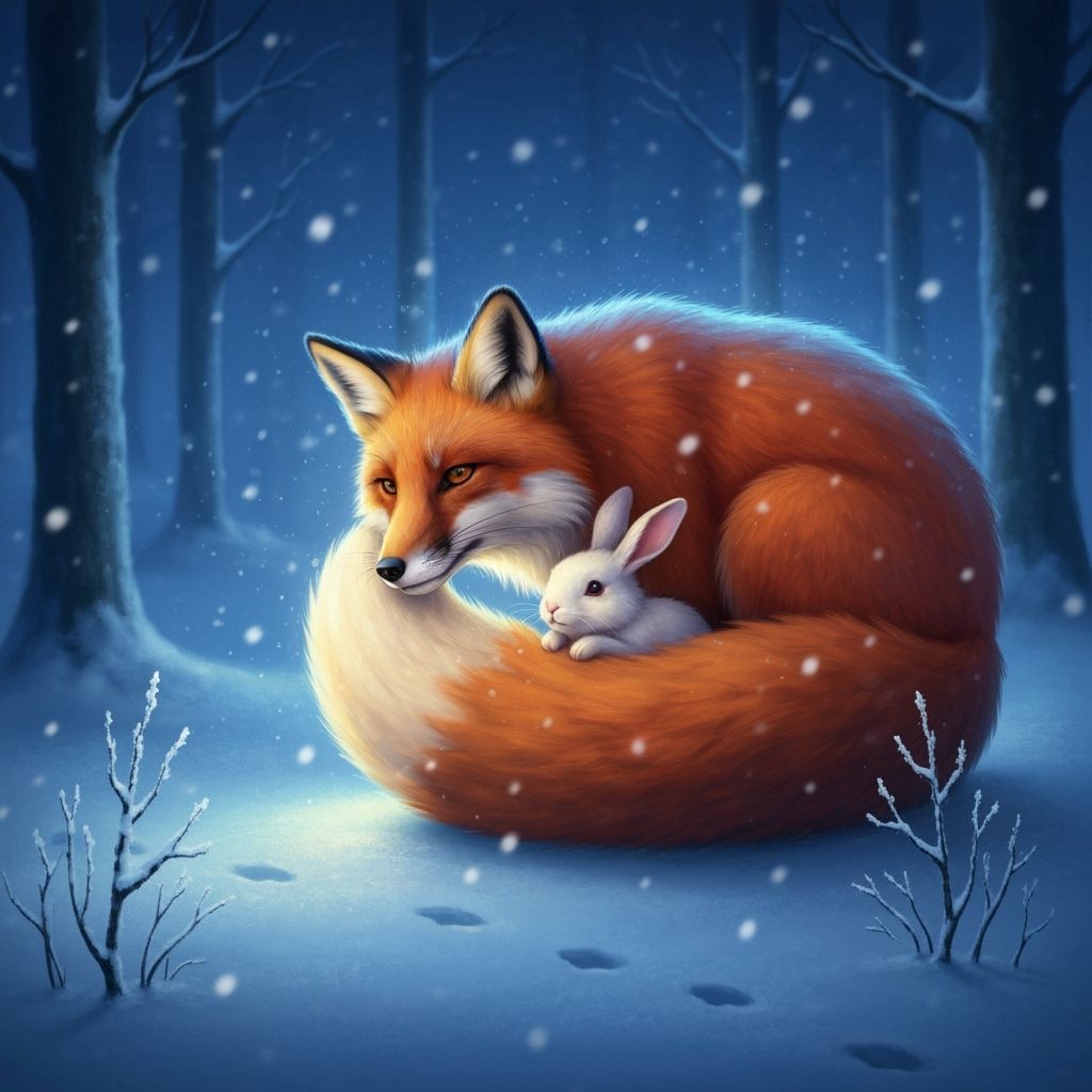 Compassionate Fox Shelters Rabbit in Snowy Forest