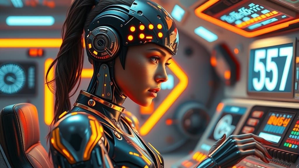 Futuristic Cyborg in Spacecraft Command Center