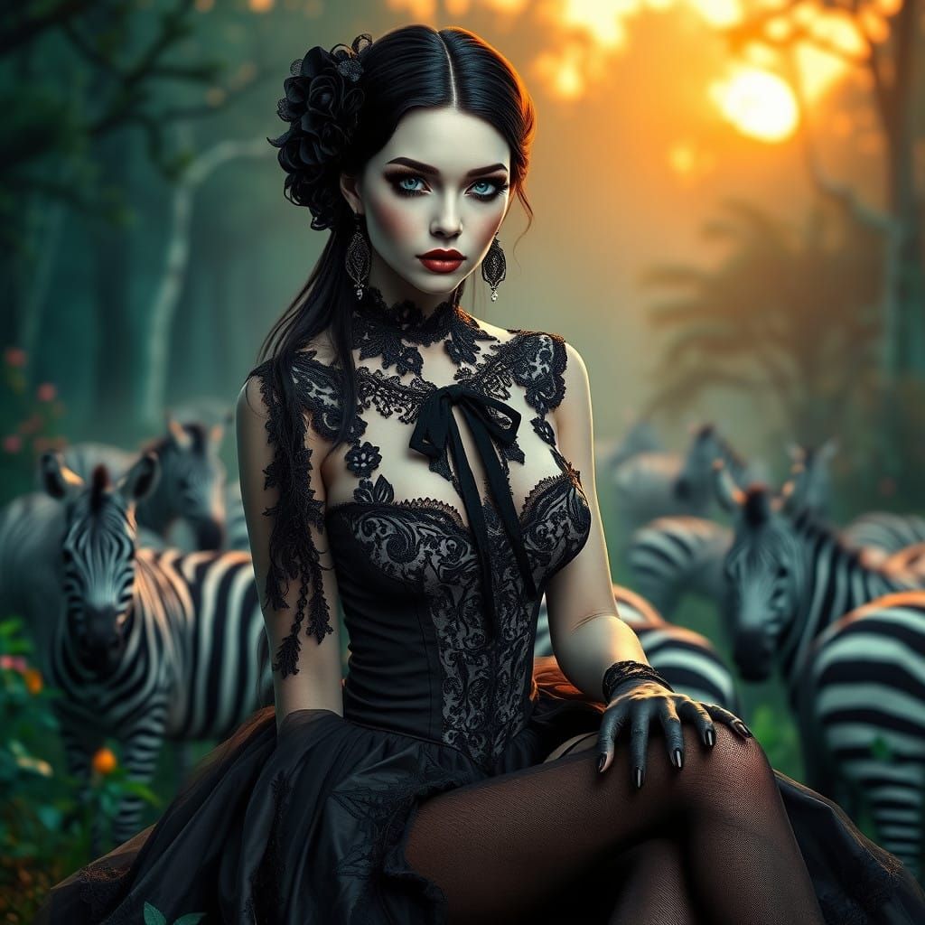Mysterious Goth Queen Amidst a Whimsical Zebra Forest