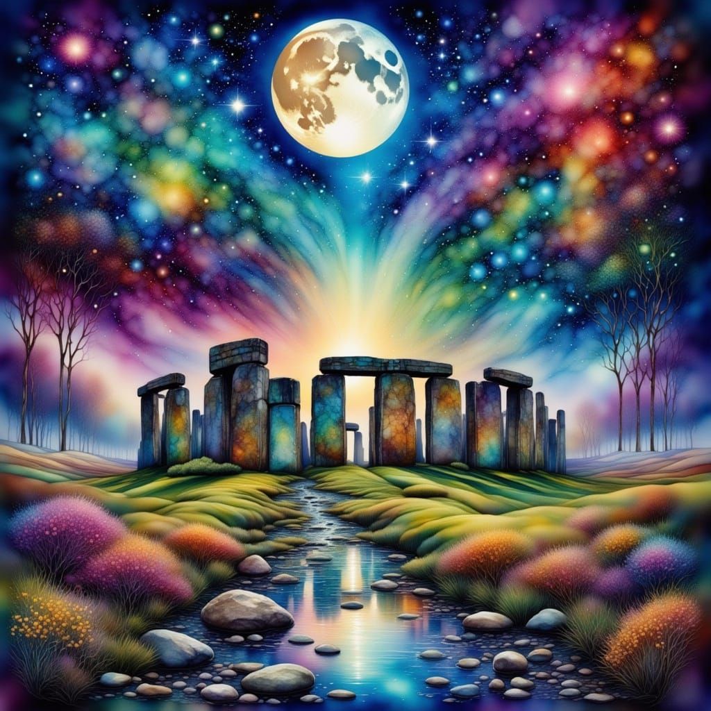 Stonehenge Under Stars with Lacy Moon