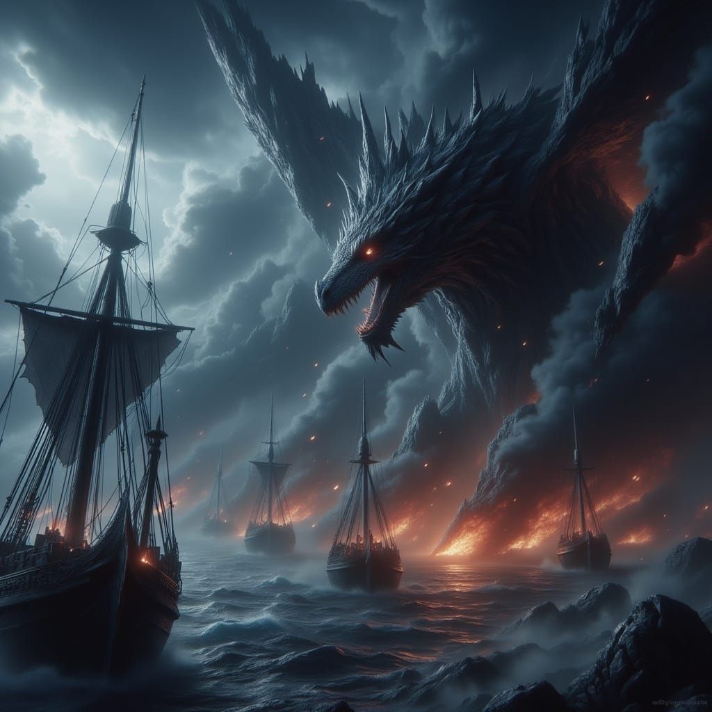 Colossal Dragon Attacks Naval Fleet in Stormy Fantasy Scene