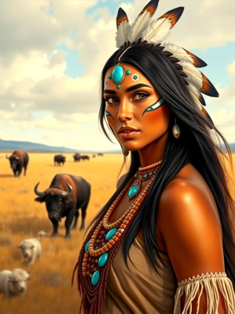 Native American Woman with Buffalo in Plains