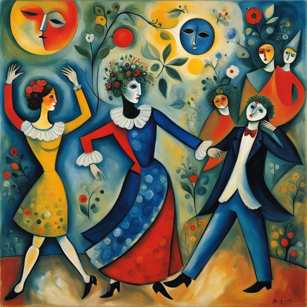 Masked Figure Dancing: An Oil Painting in Early Modern Style