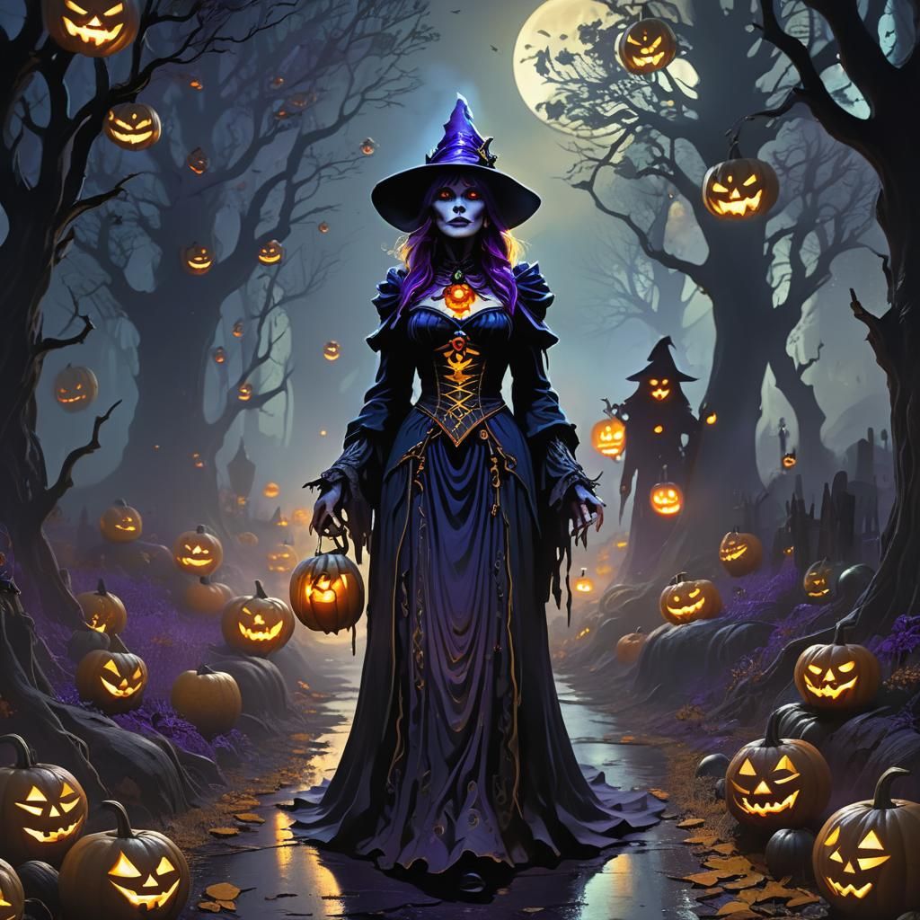 Eerie Witch on Misty Path in Dark Fantasy Art