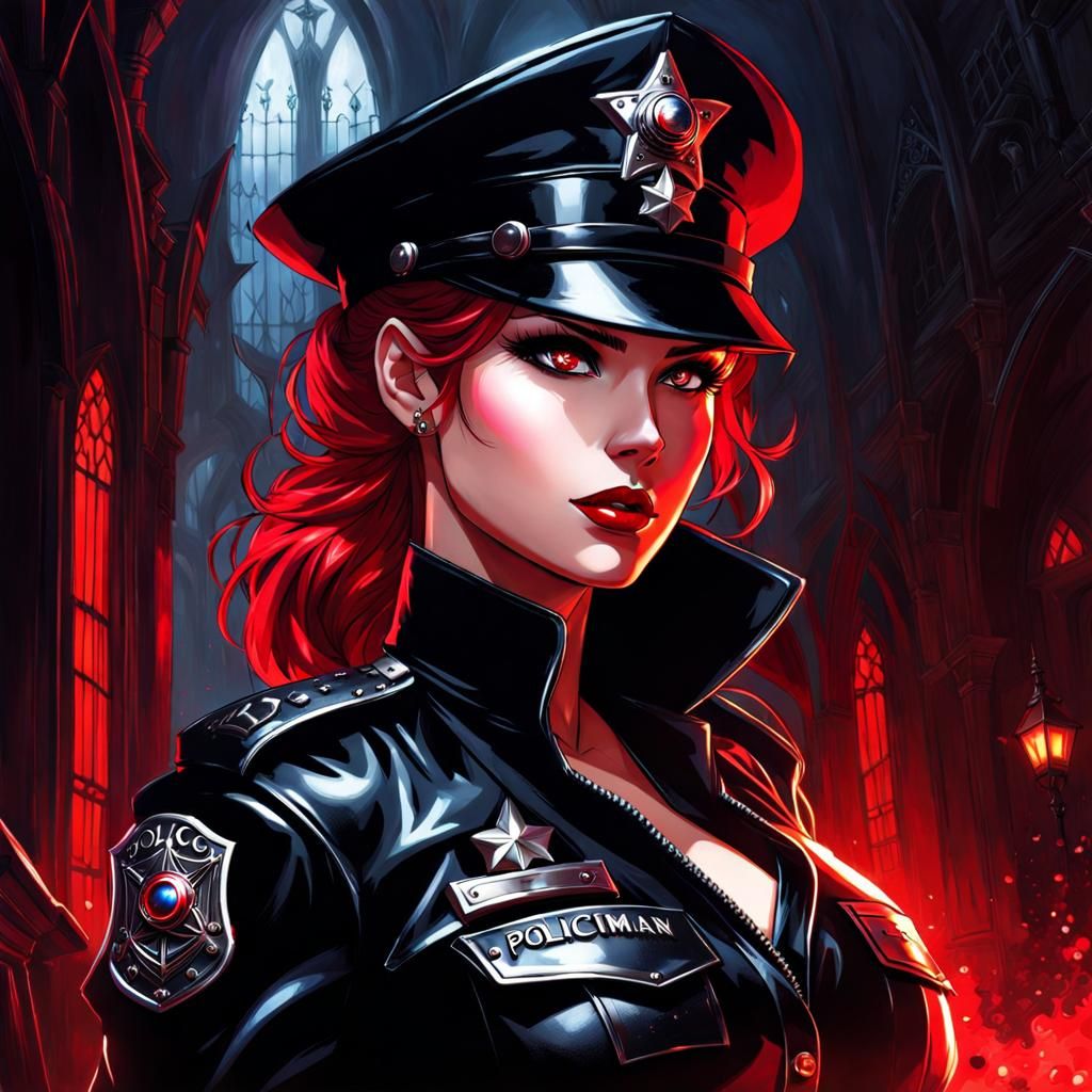 Gothic Policewoman in Black Leather: Splash Art Style