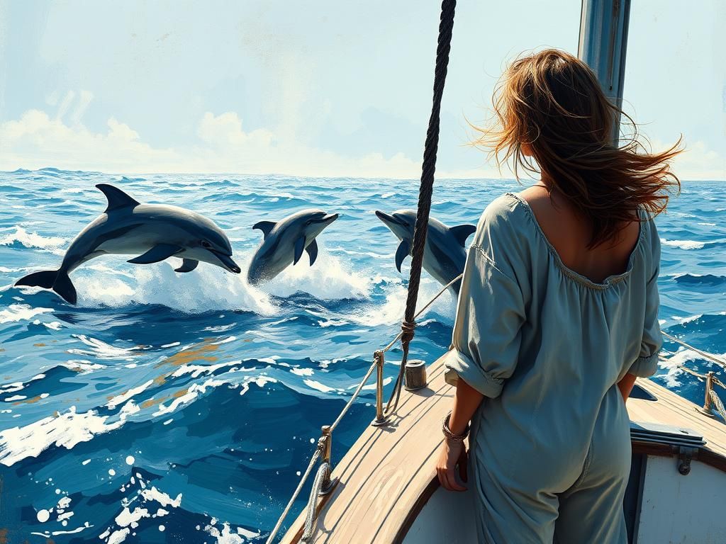 Sailor and Dolphins in Cubist Impasto Style