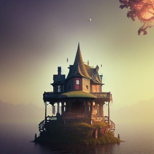 Floating Island Victorian House: Hyperdetailed Fantasy Art
