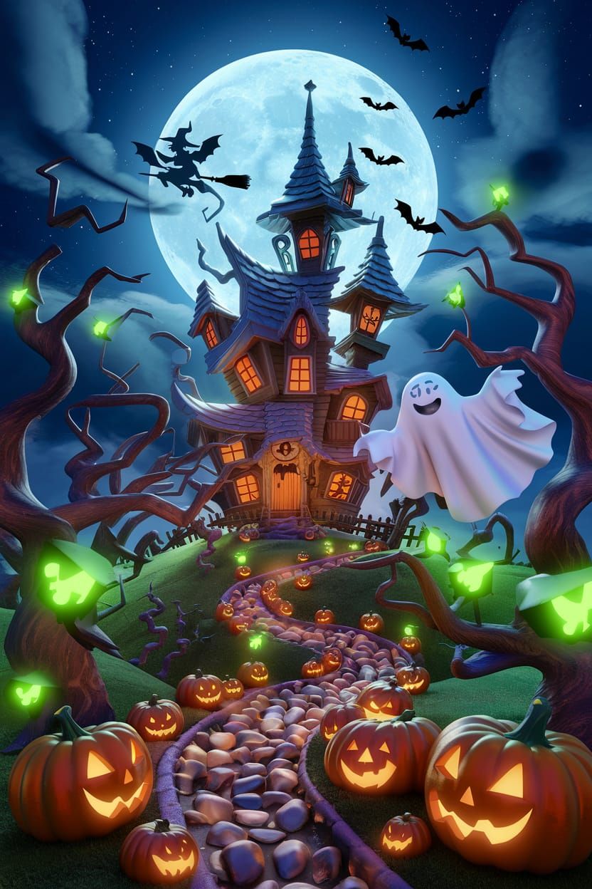 Whimsical Halloween Scene in Colored Pencil Style
