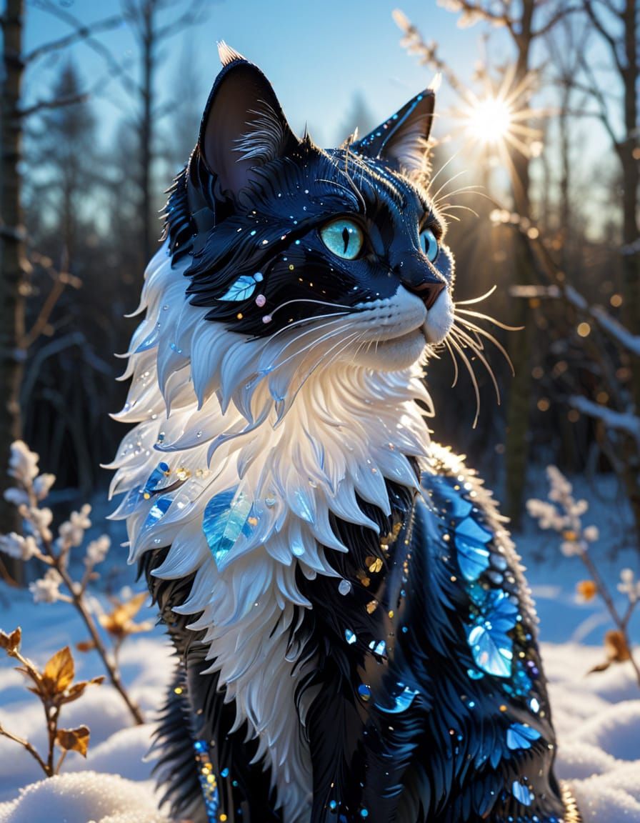 Luminescent Crystal Cat Sculpture in Snowy Forest