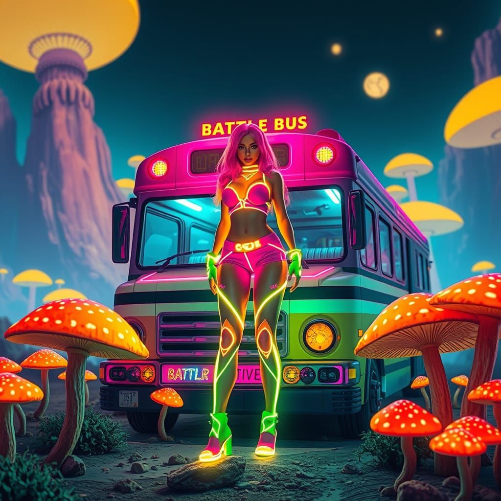 Neon Woman on Battle Bus with Glowing Mushrooms