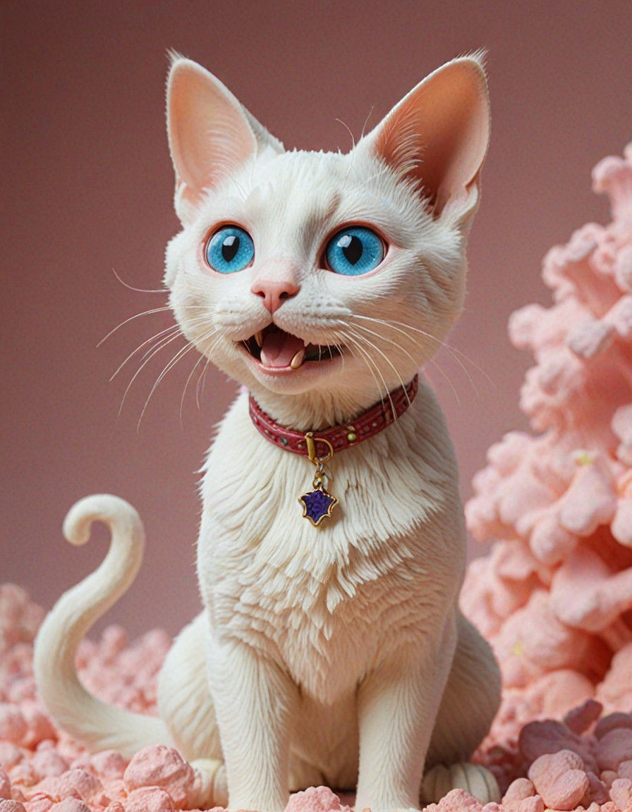 Whimsical Claymation Albino Cat on a Cloud