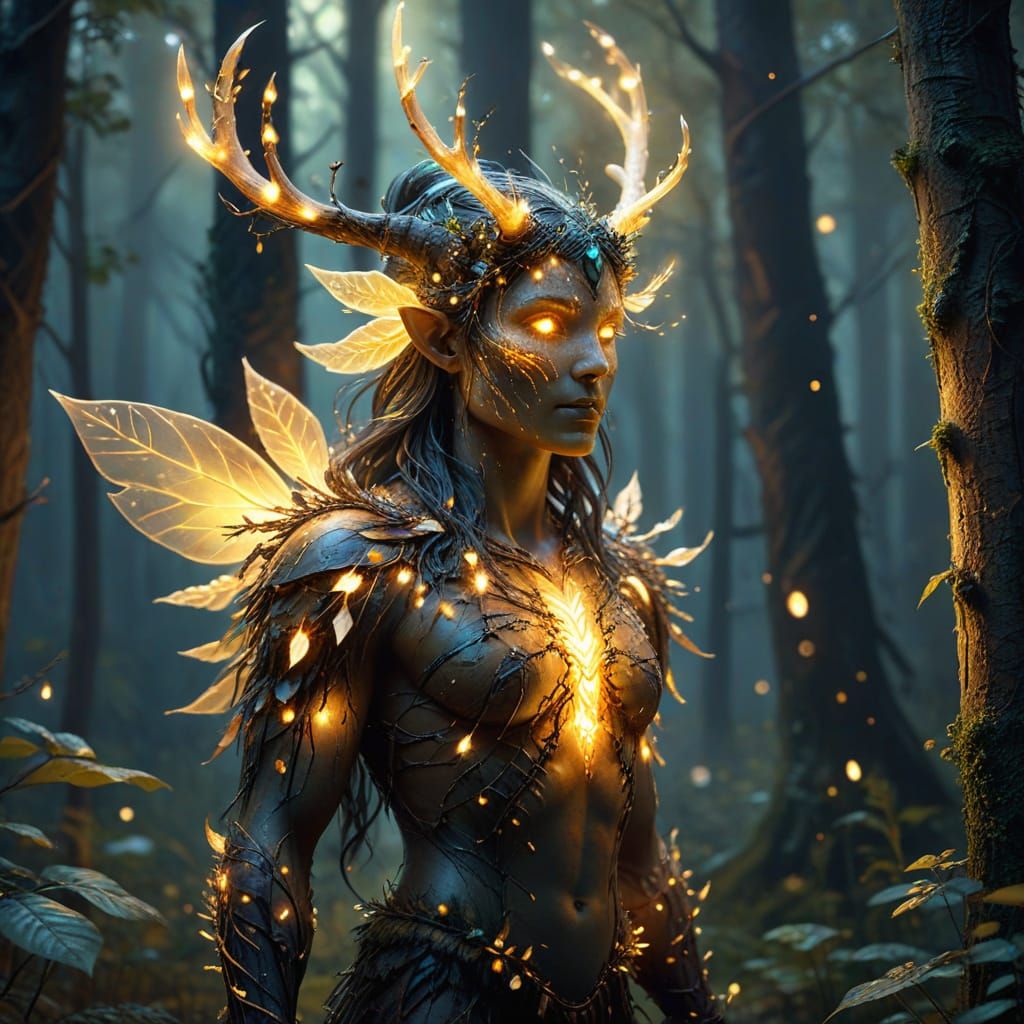 Glowing Forest Spirit in a Misty Landscape