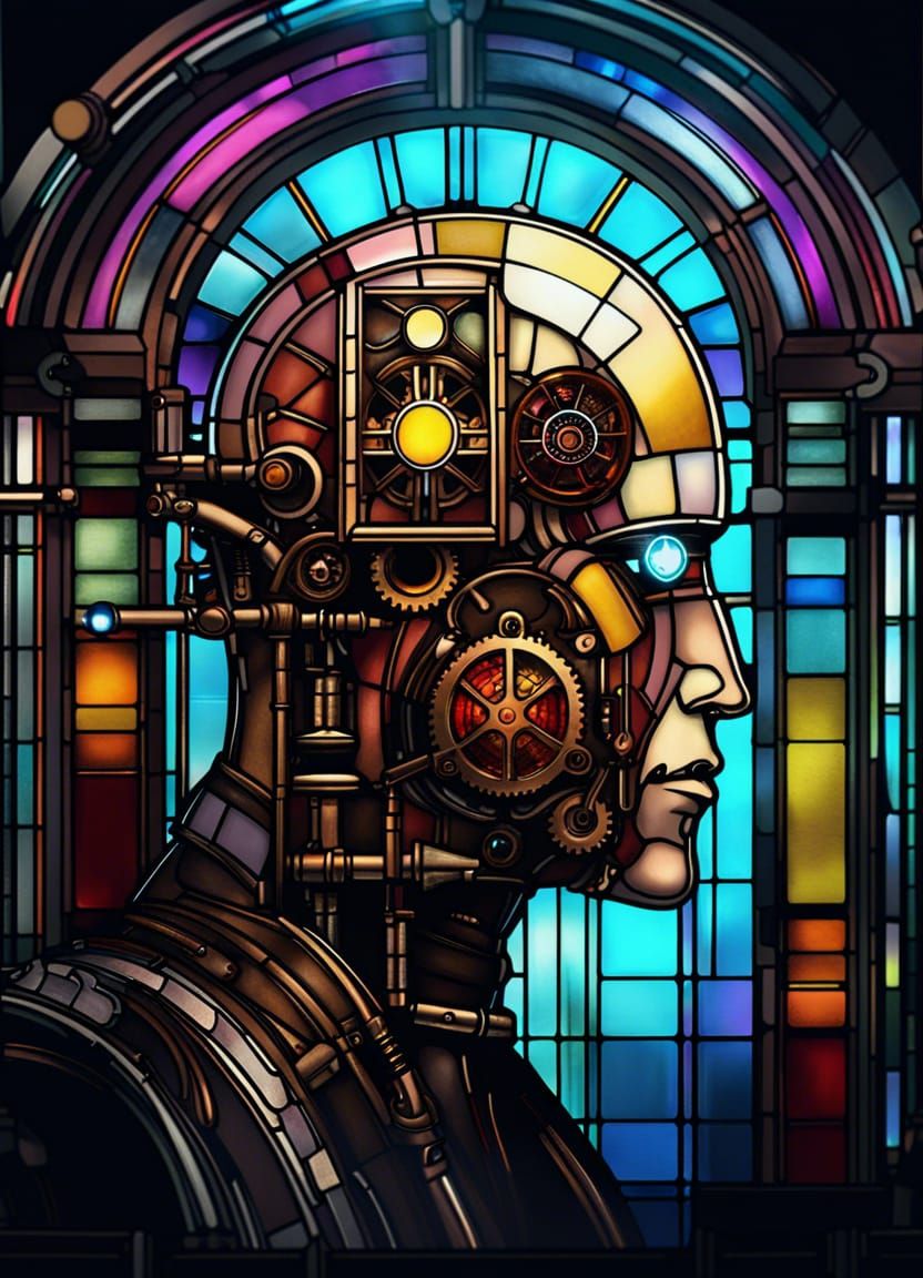 Cyberpunk Man in Bauhaus Poster with Steampunk Engine