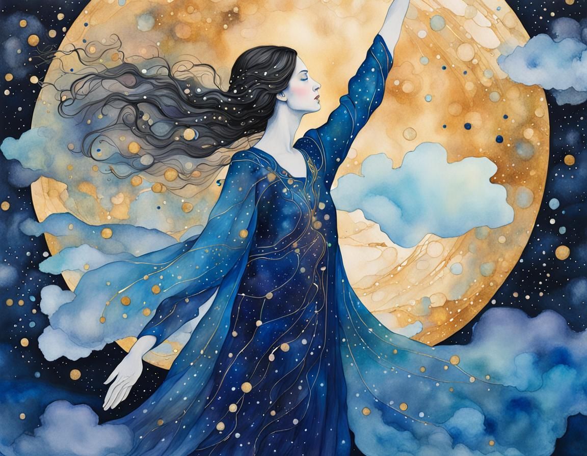 Celestial Weaver in Klimt-Inspired Mixed Media