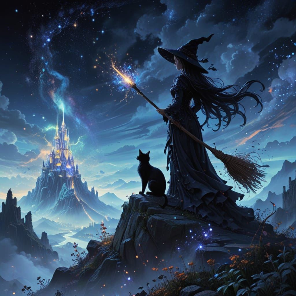 Mystical Witch and Enchanted City at Night