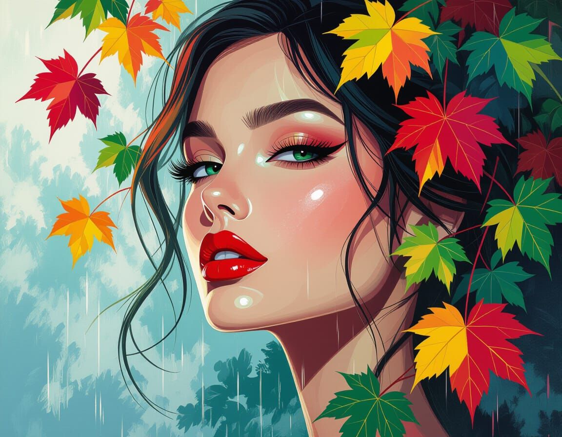 Red Green Leaves with Woman's Face in Diamond Painting Style