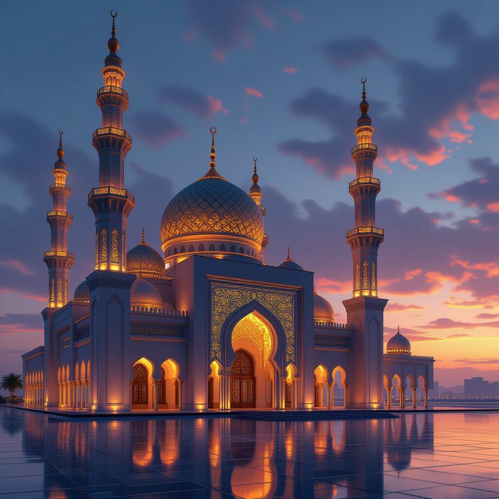 Futuristic Mosque with Golden Arabesque Patterns