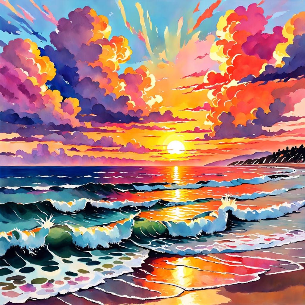 Vibrant Sunset Epic in Impressionist Style with Thick Brush ...