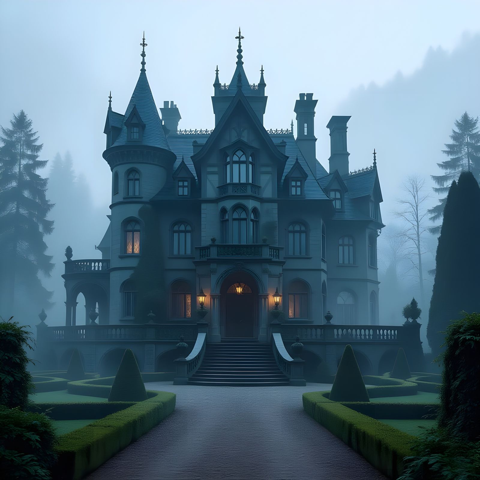 Gothic Medieval Manor Estate in Misty Gardens