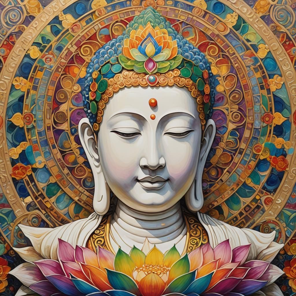 Art nouveau White Buddha with a  rainbow lotus flower mandal...