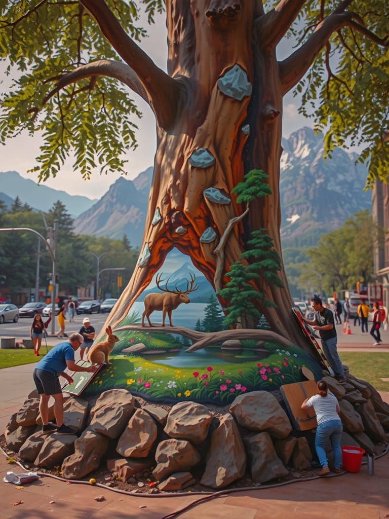 Ancient Tree Thrives in Urban Oasis with Whimsical Cityscape