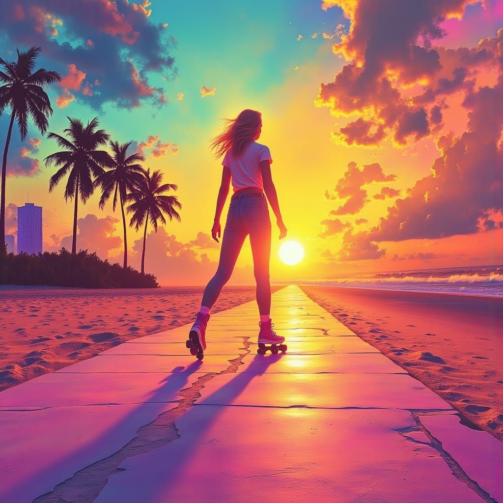 1980s Roller Skating Girl Under Neon Sunset