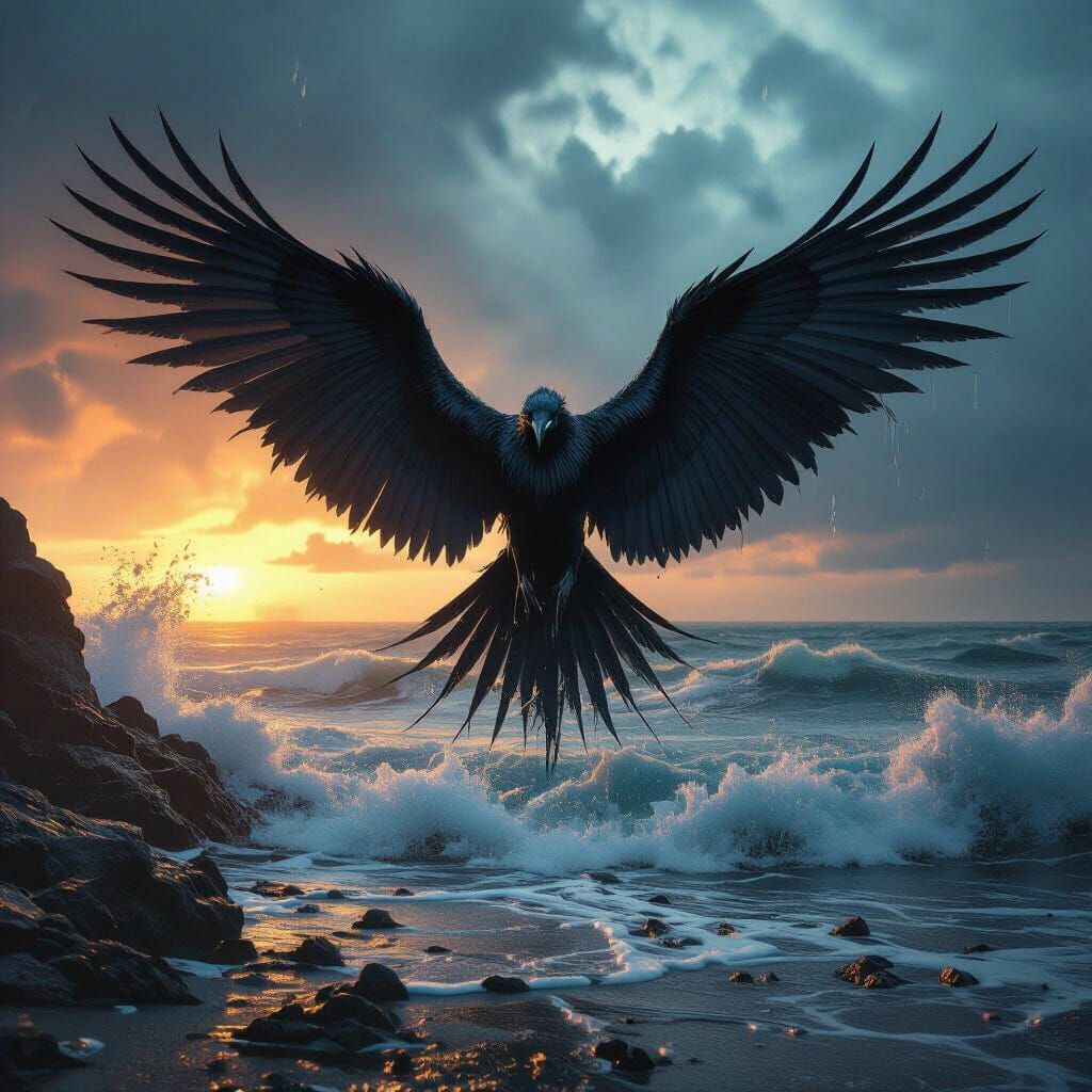 Raven Wings on Emerald Tides Under Cerulean Night