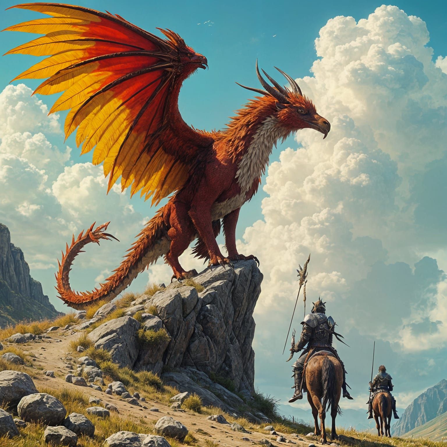 Feathered Dragon-Griffon Watching Approaching Knights