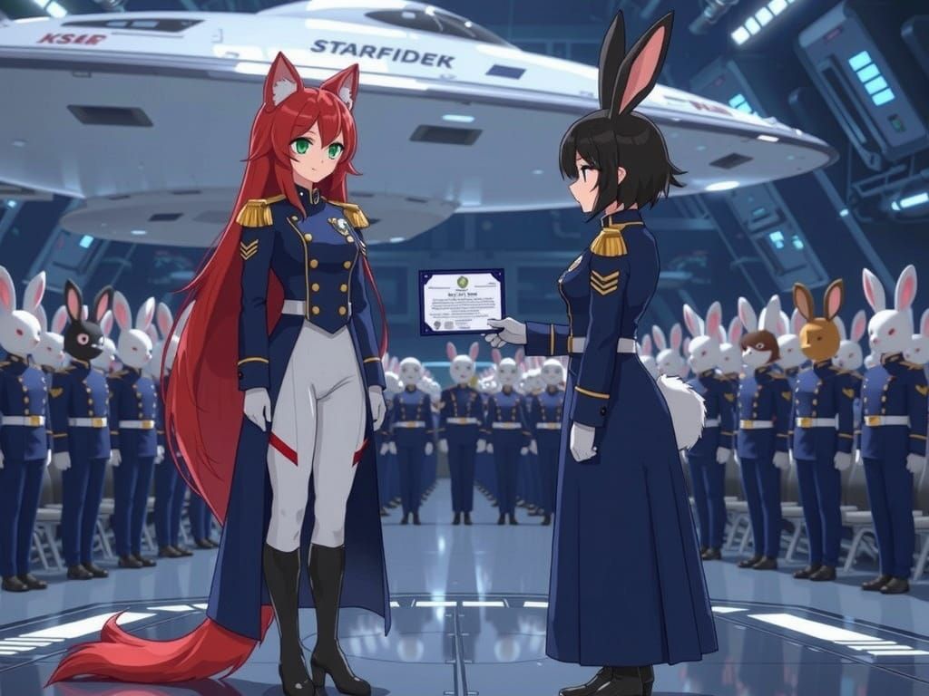 Rear Admiral Awards Valor Decoration on Spaceship