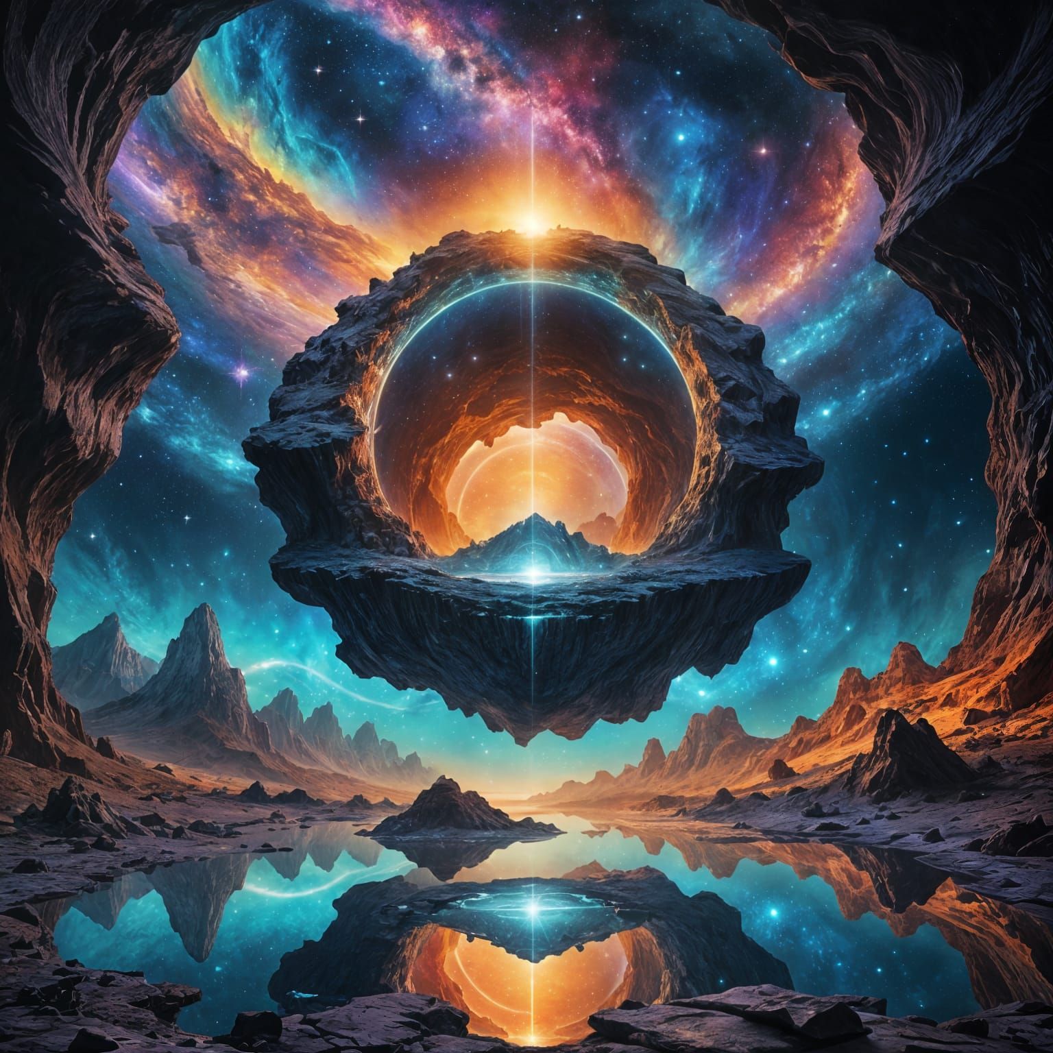 A primordial cave, reflections, galaxies