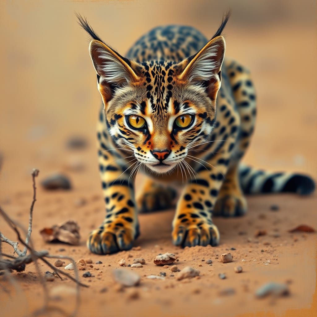 Tawny Wildcat Pounces on Savannah Prey in Vibrant African La...