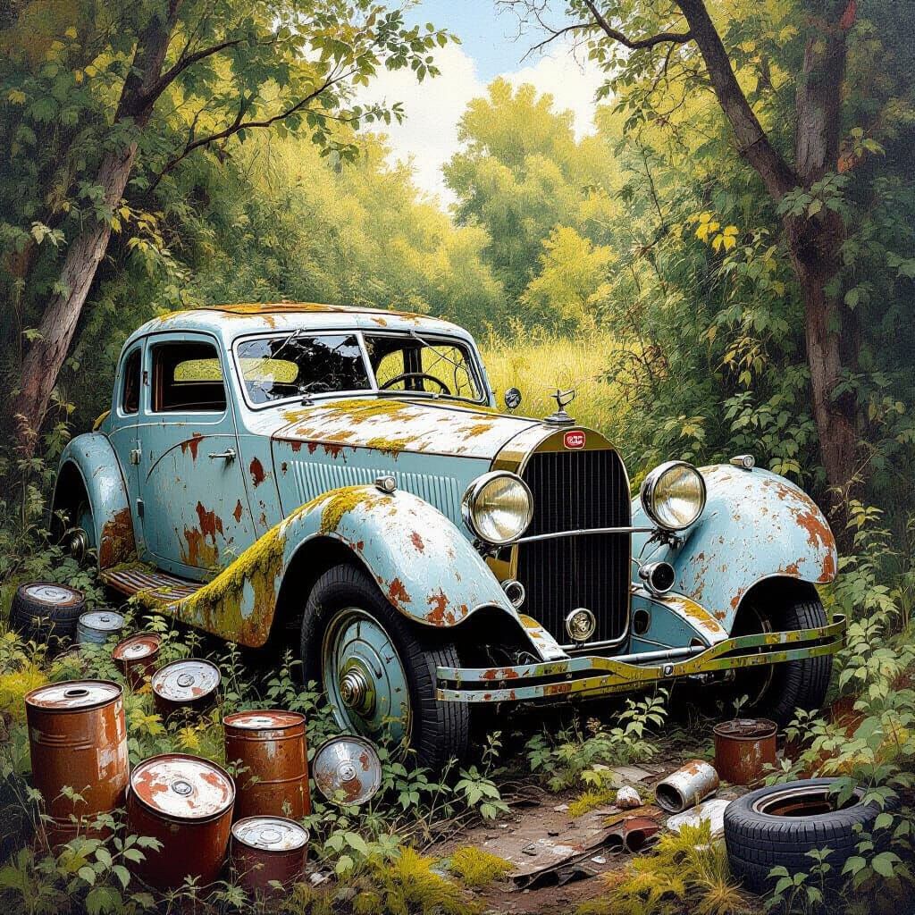 Moss-Covered Bugatti Type 55 in Expressive Oil Painting Styl...