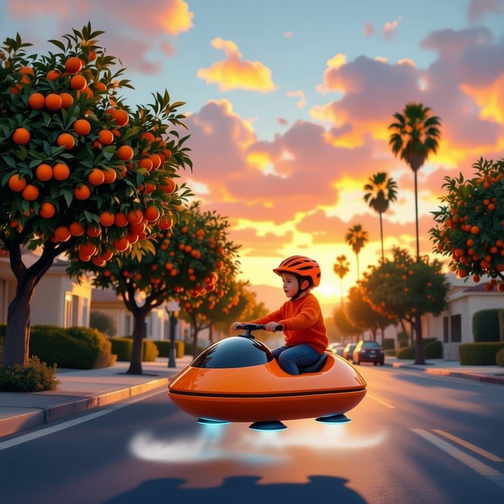 Boy on Orange Bike in California Sunset