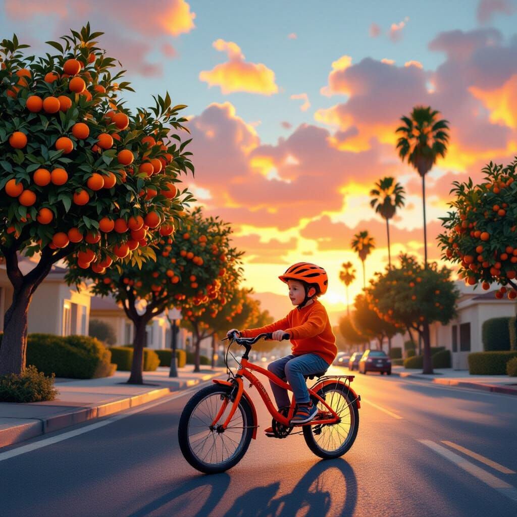 Boy on Orange Bike in California Sunset