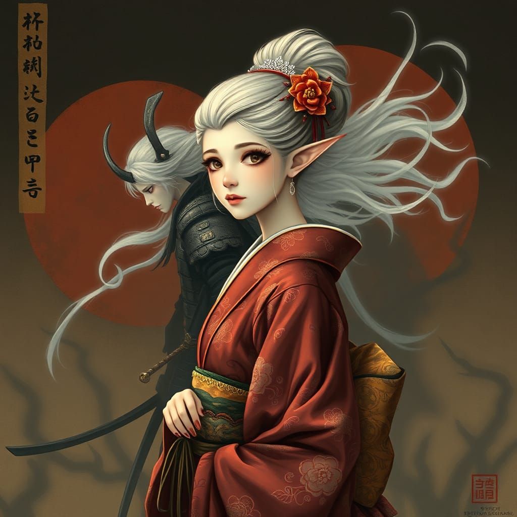 Elf Geisha with Ghost Samurai in Japanese Style