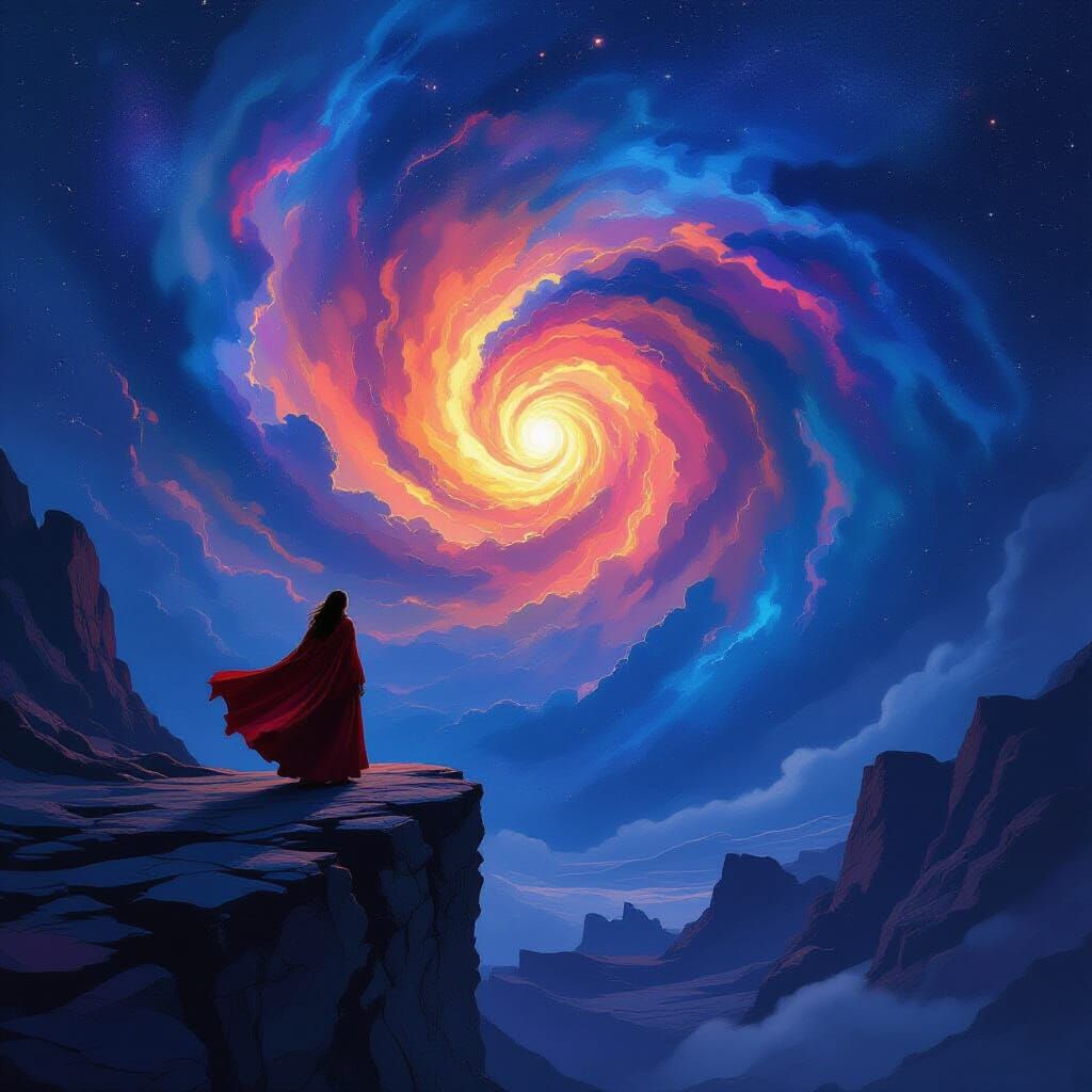 Woman Gazes At Cosmic Nebula On Alien Cliff