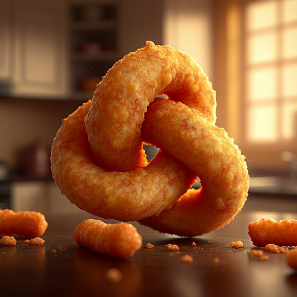 Surreal Fried Cheetoh Sculpture in Warm Kitchen Light