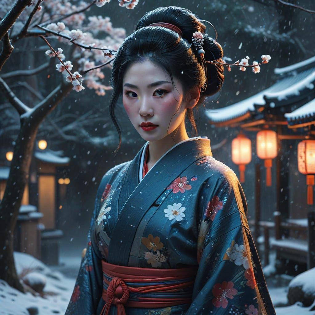 Ethereal Geisha in Snowy Evening Watercolor Fantasy