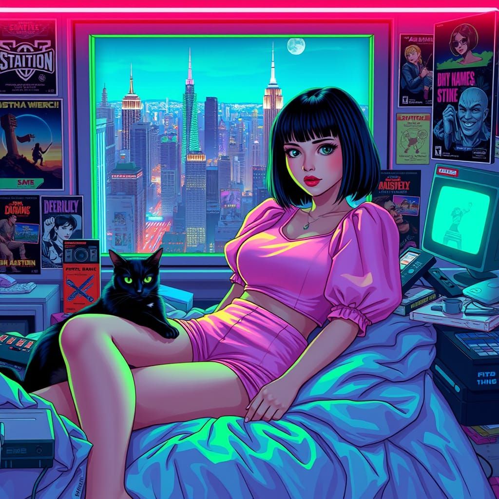 Girl in Pastel Pink Reclines in Retro-Futuristic Bedroom