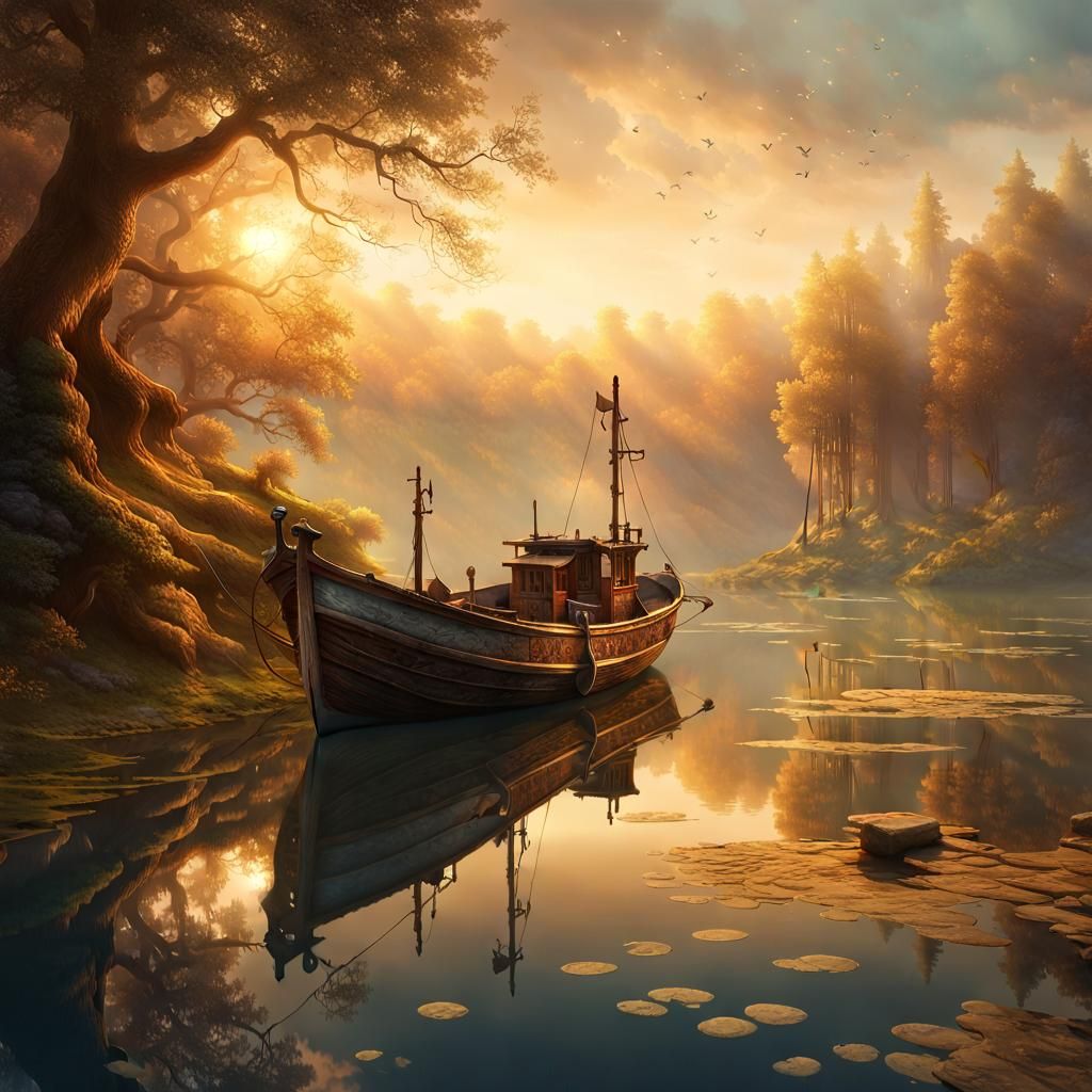 An old fishing boat in a beautiful lake