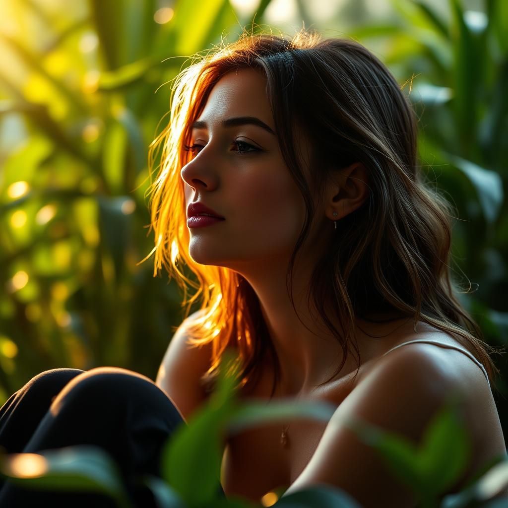 Serene Woman Contemplating in Lush Greenery