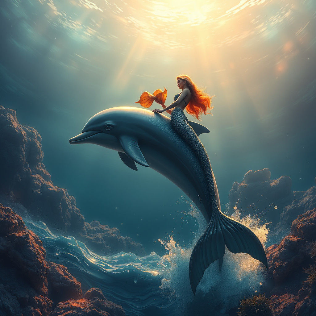 Mermaid on Dolphin in Dreamlike Ocean, Digital Matte Paintin...