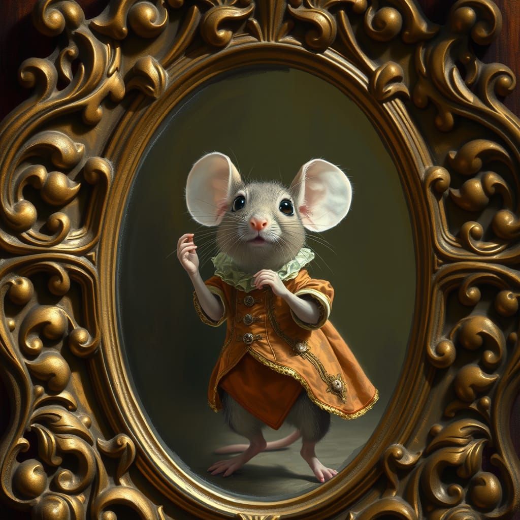 Confused Mouse Posing in Baroque Mirror